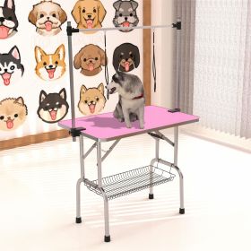 46" Folding Dog Pet Grooming Table Stainless Steel Frame Rubber Mat on Board with Adjustable Arm and Clamps pet dog Cat Grooming Table (PINK COLO